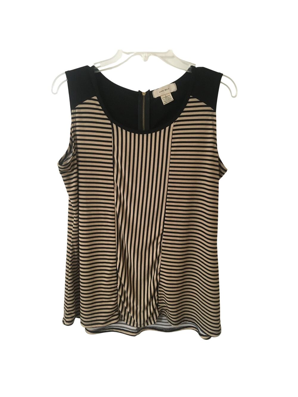 Diana Bell Large Top Black & Tan Horizontal & Vertical Stripes W Slight Ruching